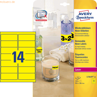 Avery Zweckform Etiketten 99,1x38,1mm neongelb VE=350 Stück Avery Zweckform Etiketten 99,1x38,1mm neongelb VE=350 Stück von Avery Zweckform