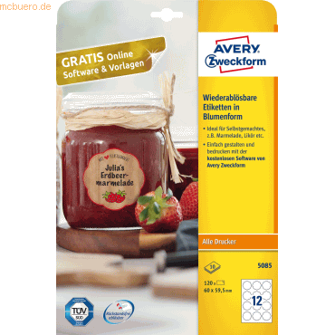 Avery Zweckform Etiketten Blumenform 60 x 59,5 mm weiß wiederablösbar Avery Zweckform Etiketten Blumenform 60 x 59,5 mm weiß wiederablösbar von Avery Zweckform