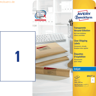Avery Zweckform Etiketten InkJet 210x297mm VE=20 Stück transparent Avery Zweckform Etiketten InkJet 210x297mm VE=20 Stück transparent von Avery Zweckform