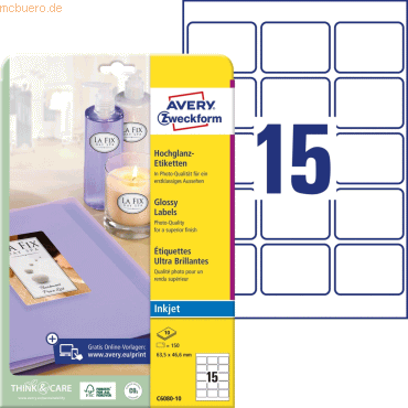 Avery Zweckform Etiketten InkJet 63,5x46,6mm glossy weiß VE=150 Stück von Avery Zweckform