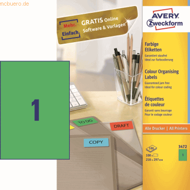 Avery Zweckform Etiketten Inkjet/Laser/Kopier 210x297mm VE=100 Stück g von Avery Zweckform