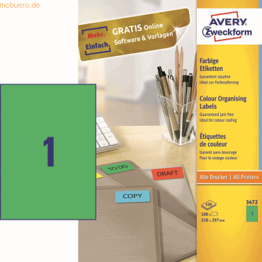 Avery Zweckform Etiketten Inkjet/Laser/Kopier 210x297mm VE=100 Stück g Avery Zweckform Etiketten Inkjet/Laser/Kopier 210x297mm VE=100 Stück g von Avery Zweckform