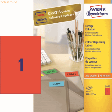 Avery Zweckform Etiketten Inkjet/Laser/Kopier 210x297mm VE=100 Stück r von Avery Zweckform