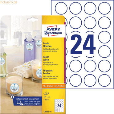 Avery Zweckform Etiketten Inkjet/Laser/Kopier 40mm weiß VE=240 Etikett von Avery Zweckform