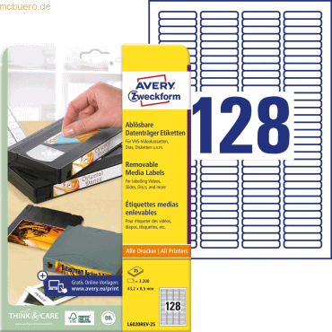 Avery Zweckform Etiketten Inkjet/Laser/Kopier 43.2x8.5mm VE=3200 Stück Avery Zweckform Etiketten Inkjet/Laser/Kopier 43.2x8.5mm VE=3200 Stück von Avery Zweckform