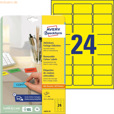 Avery Zweckform Etiketten Inkjet/Laser/Kopier 63,5x33,9 mm gelb VE=480 Avery Zweckform Etiketten Inkjet/Laser/Kopier 63,5x33,9 mm gelb VE=480 von Avery Zweckform
