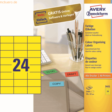 Avery Zweckform Etiketten Inkjet/Laser/Kopier 70x37mm gelb VE=2400 Stü von Avery Zweckform