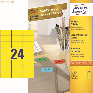 Avery Zweckform Etiketten Inkjet/Laser/Kopier 70x37mm gelb VE=2400 Stü Avery Zweckform Etiketten Inkjet/Laser/Kopier 70x37mm gelb VE=2400 Stü von Avery Zweckform