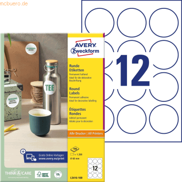 Avery Zweckform Etiketten Inkjet/Laser/Kopier rund 60mm weiß VE=1200 S Avery Zweckform Etiketten Inkjet/Laser/Kopier rund 60mm weiß VE=1200 S von Avery Zweckform