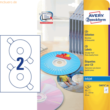 Avery Zweckform Etiketten Inkjet 117mm glossy VE=40 Stück weiß Avery Zweckform Etiketten Inkjet 117mm glossy VE=40 Stück weiß von Avery Zweckform