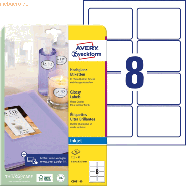 Avery Zweckform Etiketten Inkjet 88,9x63,5mm glossy weiß VE=80 Stück Avery Zweckform Etiketten Inkjet 88,9x63,5mm glossy weiß VE=80 Stück von Avery Zweckform