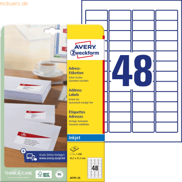 Avery Zweckform Etiketten Inkjet spezialbeschichtet 45x21mm weiß VE=12 von Avery Zweckform