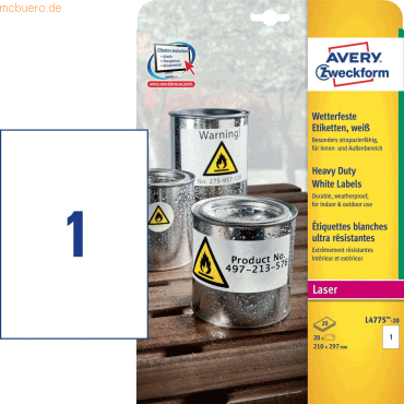Avery Zweckform Etiketten Laser/Kopier wetterfest 210x297mm weiß VE=20 Avery Zweckform Etiketten Laser/Kopier wetterfest 210x297mm weiß VE=20 von Avery Zweckform