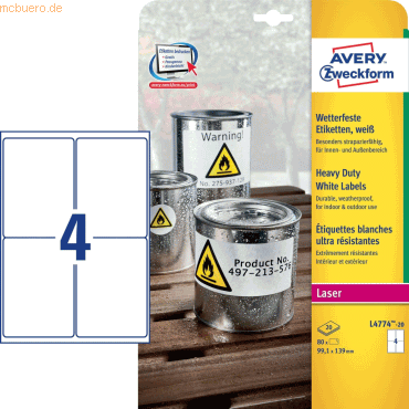 Avery Zweckform Etiketten Laser/Kopier wetterfest 99,1x139mm weiß VE=8 Avery Zweckform Etiketten Laser/Kopier wetterfest 99,1x139mm weiß VE=8 von Avery Zweckform