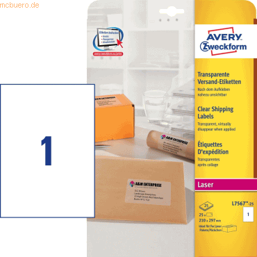 Avery Zweckform Etiketten Laser 210x297mm VE=25 Stück transparent von Avery Zweckform