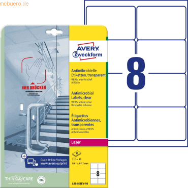 Avery Zweckform Etiketten antimikrobiell ablösbar A4 99,1x67,7mm 80 Et von Avery Zweckform