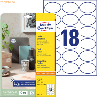 Avery Zweckform Etiketten oval A4 63,5x42,3mm 10 Bogen/180 Etiketten w Avery Zweckform Etiketten oval A4 63,5x42,3mm 10 Bogen/180 Etiketten w von Avery Zweckform