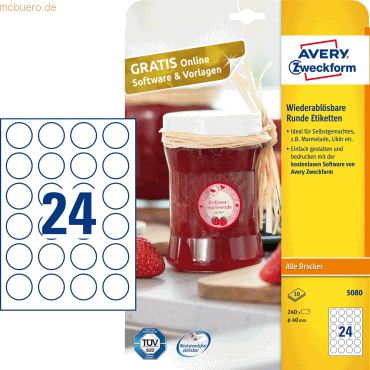 Avery Zweckform Etiketten rund 40 mm weiß wiederablösbar VE=240 Stück Avery Zweckform Etiketten rund 40 mm weiß wiederablösbar VE=240 Stück von Avery Zweckform
