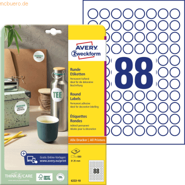 Avery Zweckform Etiketten rund A4 20mm 10 Bogen/880 Etiketten weiß Avery Zweckform Etiketten rund A4 20mm 10 Bogen/880 Etiketten weiß von Avery Zweckform