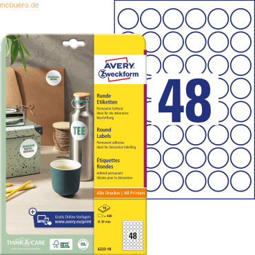 Avery Zweckform Etiketten rund A4 30mm 10 Bogen/480 Etiketten weiß Avery Zweckform Etiketten rund A4 30mm 10 Bogen/480 Etiketten weiß von Avery Zweckform