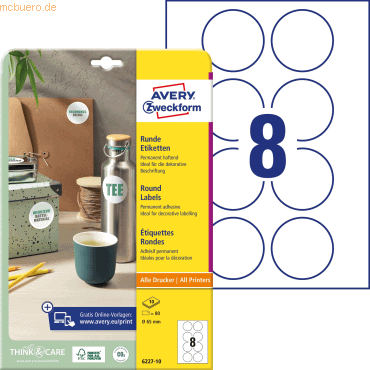 Avery Zweckform Etiketten rund A4 65mm 10 Bogen/80 Etiketten weiß Avery Zweckform Etiketten rund A4 65mm 10 Bogen/80 Etiketten weiß von Avery Zweckform
