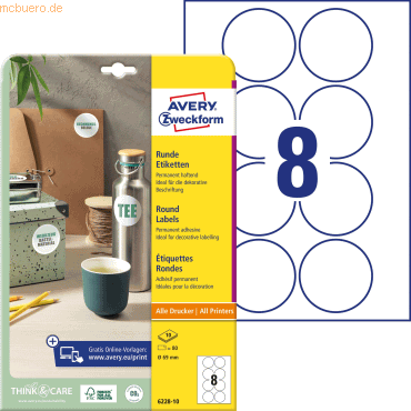 Avery Zweckform Etiketten rund A4 69mm 10 Bogen/80 Etiketten weiß Avery Zweckform Etiketten rund A4 69mm 10 Bogen/80 Etiketten weiß von Avery Zweckform