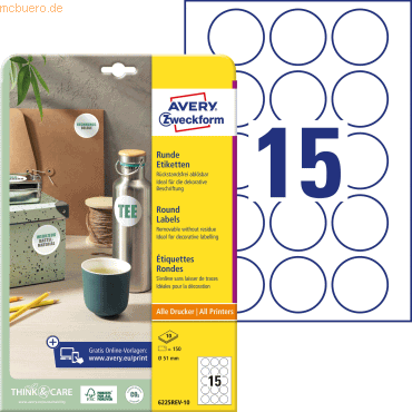 Avery Zweckform Etiketten rund ablösbar A4 51mm 10 Bogen/150 Etiketten von Avery Zweckform