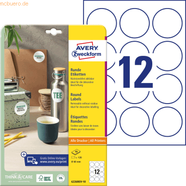 Avery Zweckform Etiketten rund ablösbar A4 60mm 10 Bogen/120 Etiketten Avery Zweckform Etiketten rund ablösbar A4 60mm 10 Bogen/120 Etiketten von Avery Zweckform
