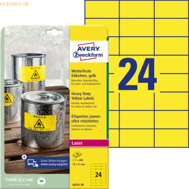 Avery Zweckform Etiketten wetterfest Polyester gelb 70x37mm VE=480 Stü Avery Zweckform Etiketten wetterfest Polyester gelb 70x37mm VE=480 Stü von Avery Zweckform