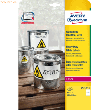 Avery Zweckform Etiketten wetterfest Polyester weiß 105x148mm VE=80 Et Avery Zweckform Etiketten wetterfest Polyester weiß 105x148mm VE=80 Et von Avery Zweckform