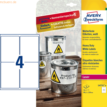 Avery Zweckform Etiketten wetterfest Polyester weiß 99,1x139mm VE=32 E Avery Zweckform Etiketten wetterfest Polyester weiß 99,1x139mm VE=32 E von Avery Zweckform