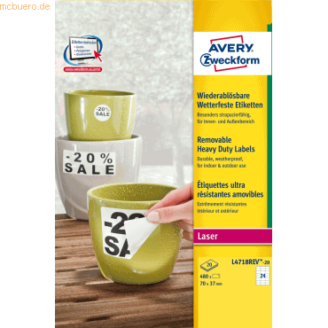 Avery Zweckform Etiketten wetterfest Polyester wiederablösbar weiß 70x Avery Zweckform Etiketten wetterfest Polyester wiederablösbar weiß 70x von Avery Zweckform