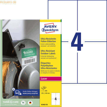 Avery Zweckform Folien-Etiketten ultra-resistent A4 105x148mm VE=200 E Avery Zweckform Folien-Etiketten ultra-resistent A4 105x148mm VE=200 E von Avery Zweckform