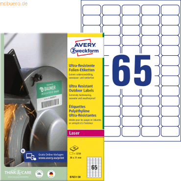 Avery Zweckform Folien-Etiketten ultra-resistent A4 38x21mm VE=3.250 E Avery Zweckform Folien-Etiketten ultra-resistent A4 38x21mm VE=3.250 E von Avery Zweckform