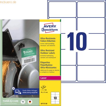 Avery Zweckform Folien-Etiketten ultra-resistent A4 99x57mm VE=500 Eti Avery Zweckform Folien-Etiketten ultra-resistent A4 99x57mm VE=500 Eti von Avery Zweckform