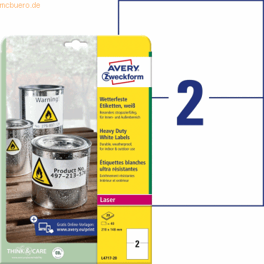 Avery Zweckform Folienetiketten wetterfest 210x148mm VE=20 Bogen/40 Et Avery Zweckform Folienetiketten wetterfest 210x148mm VE=20 Bogen/40 Et von Avery Zweckform