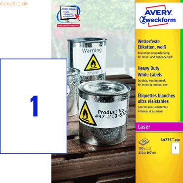 Avery Zweckform Folienetiketten wetterfest 210x297mm VE=100 Bogen/100 Avery Zweckform Folienetiketten wetterfest 210x297mm VE=100 Bogen/100 von Avery Zweckform