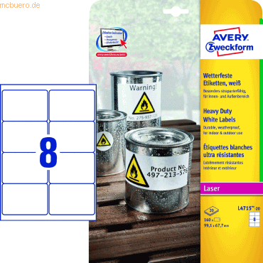 Avery Zweckform Folienetiketten wetterfest 99,1x67,7mm VE=20 Bogen/160 Avery Zweckform Folienetiketten wetterfest 99,1x67,7mm VE=20 Bogen/160 von Avery Zweckform