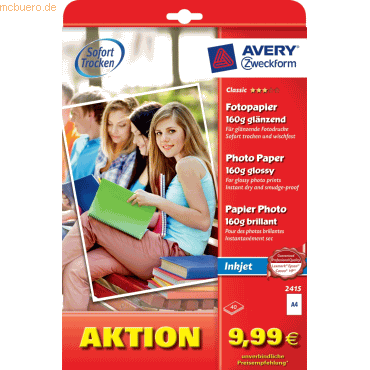 Avery Zweckform Fotopapier Classic Inkjet A4 40 Blatt 160 g/qm glänzen Avery Zweckform Fotopapier Classic Inkjet A4 40 Blatt 160 g/qm glänzen von Avery Zweckform