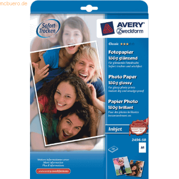 Avery Zweckform Fotopapier Inkjet Classic A4 180g/qm glänzend VE=50 Bl von Avery Zweckform