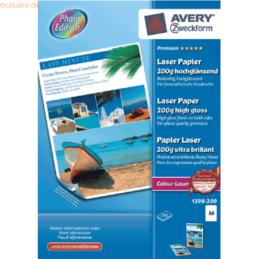 Avery Zweckform Fotopapier Laser Premium A4 200g/qm hochglänzend beids von Avery Zweckform