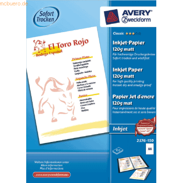 Avery Zweckform Inkjet-Papier Classic A4 120g/qm matt beschichtet VE=1 von Avery Zweckform