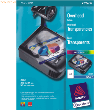 Avery Zweckform Inkjetfolie A4 0,11mm klar VE=50 Blatt Avery Zweckform Inkjetfolie A4 0,11mm klar VE=50 Blatt von Avery Zweckform