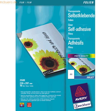 Avery Zweckform Inkjetfolie A4 0,17mm selbstklebend klar VE=10 Blatt Avery Zweckform Inkjetfolie A4 0,17mm selbstklebend klar VE=10 Blatt von Avery Zweckform