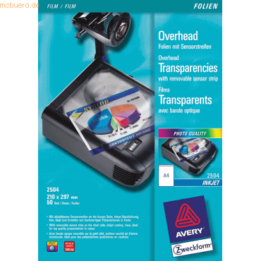 Avery Zweckform Inkjetfolie A4 0.11mm klar mit Sensorstreifen VE=50 Bl Avery Zweckform Inkjetfolie A4 0.11mm klar mit Sensorstreifen VE=50 Bl von Avery Zweckform