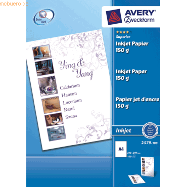 Avery Zweckform Inkjetpapier A4 150g/qm matt beschichtet VE=100 Blatt von Avery Zweckform