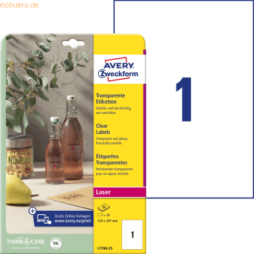 Avery Zweckform Etiketten 210x297 mm 25 Blatt/25 Etiketten transparent von Avery Zweckform