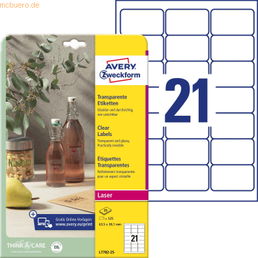 Avery Zweckform Etiketten 63,5x38,1 mm 25 Blatt/525 Etiketten transpar Avery Zweckform Etiketten 63,5x38,1 mm 25 Blatt/525 Etiketten transpar von Avery Zweckform
