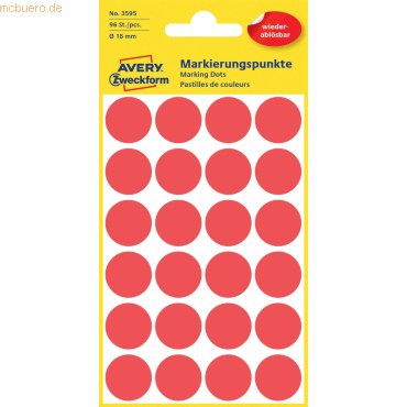 10 x Avery Zweckform Markierungspunkte 18mm rot wiederablösbar VE=96 S von Avery Zweckform