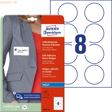 Avery Zweckform Namens-Etiketten 65mm 20 Bogen/160 Etiketten weiß Avery Zweckform Namens-Etiketten 65mm 20 Bogen/160 Etiketten weiß von Avery Zweckform